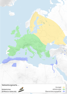 Utbredningskarta Gult: Häckningsområde Grönt: Häcknings- & övervintringsområde Blått: Vinterkvarter