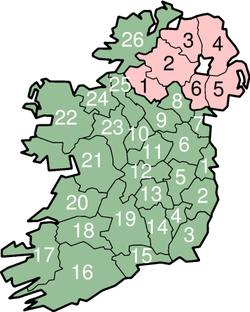 Karta över Irland med numrerade grevskap