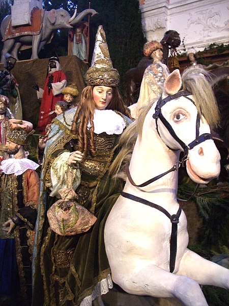Fil:Mindelheim Jesuitenkirche Krippe Königin von Saba Pferd.jpg