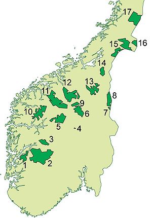 Karta över nationalparker i Sydnorge.  Jotunheimen nationalpark har nummer 5.