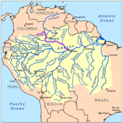 Karta som visar Rio Negros läge i Amasonflodens avrinningsområde