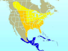 Utbredningsområde (gul = sommarkvarter, blå = vinterkvarter, orange = hela året)