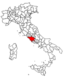 Karta över Italien, med Rom (provins) markerat