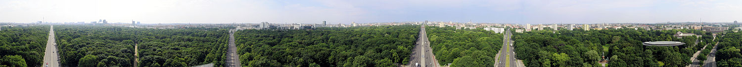 Panorama av Tiergartenparken från toppen av Siegessäule: Straße des 17. Juni (öst), Hofjägerallee, Straße des 17. Juni (väst), Altonaer Straße, Spreeweg