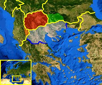 Den geografiska regionen Makedonien sträcker sig över fem stater: Albanien, Bulgarien, Grekland, Serbien och republiken Makedonien.