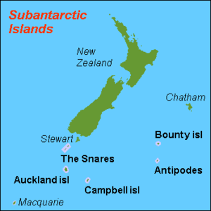 Karta över Nya Zeelands subantarktiska öar.